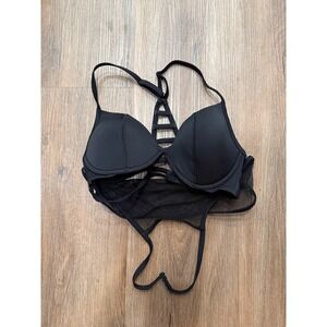 Victoria Secret PINK Black Mesh Strappy Ladder Back Push Up Bikini Top Large A-C